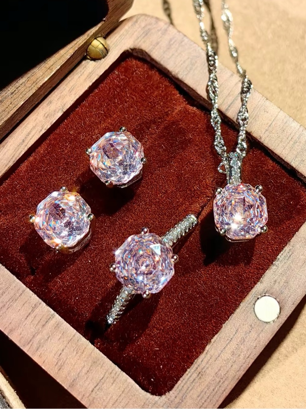 Sparkling Pink Crystal Earrings and Pendant Set - Women's Jewelry